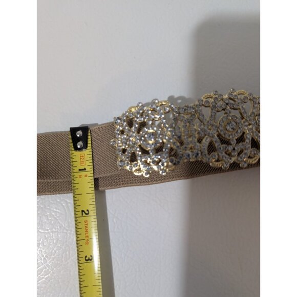 Waist Belt Women's M/L Metal Gold Rhinestone Elastic Snap Closure Tan Y2K glam - Picture 11 of 13